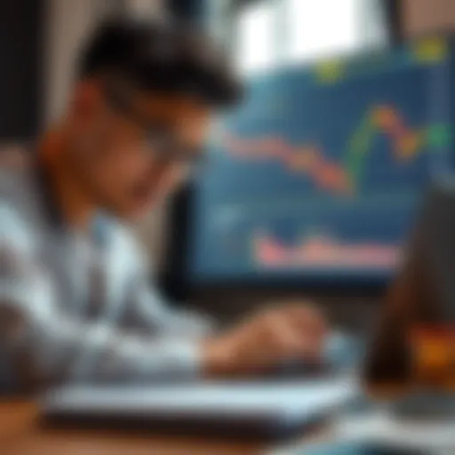 An investor gazes worriedly at a declining stock chart, contemplating the potential drop of an asset, with a laptop and financial reports on the table.