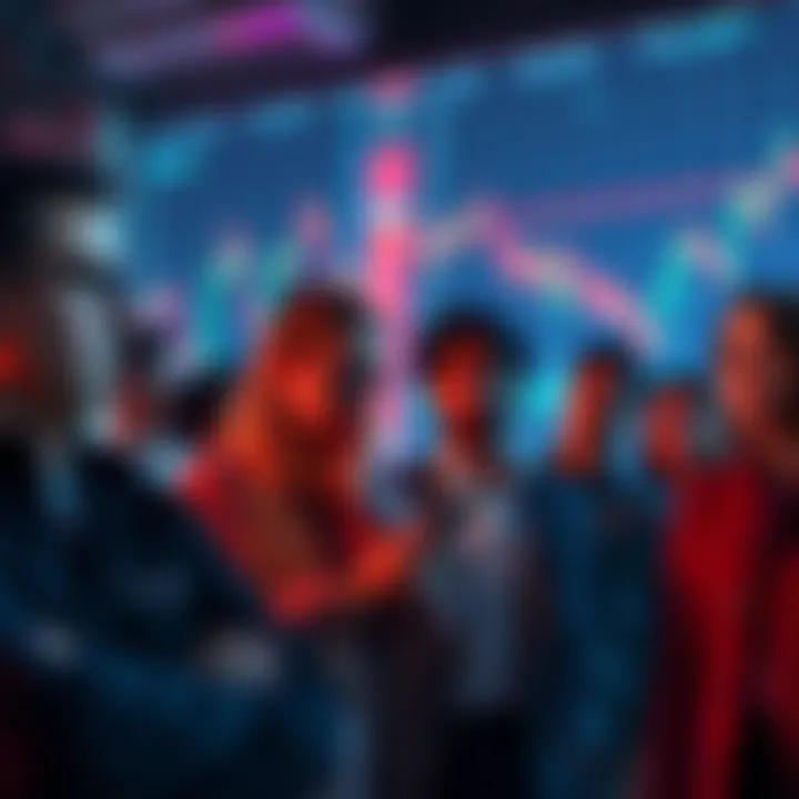 A group of worried people discussing Pump-Fun coins, with charts showing decline in the background.
