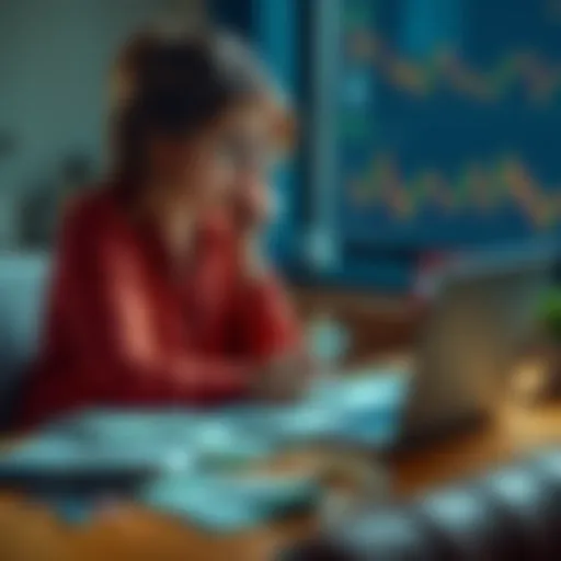 A mother sitting at a table with bills and a laptop, looking thoughtfully at crypto charts, symbolizing her doubts about cryptocurrency as an investment.