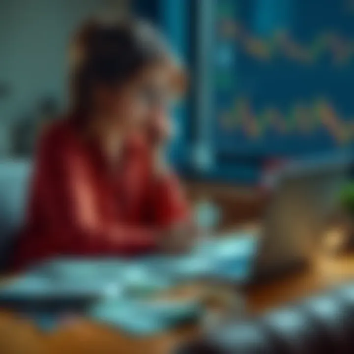 A mother sitting at a table with bills and a laptop, looking thoughtfully at crypto charts, symbolizing her doubts about cryptocurrency as an investment.