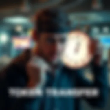 A person with a worried expression checks the time on a clock, realizing they might miss a deadline for token transfer.