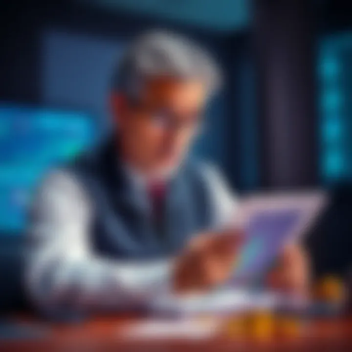 A worried bank executive looking at charts and data related to stablecoins and interest rates.