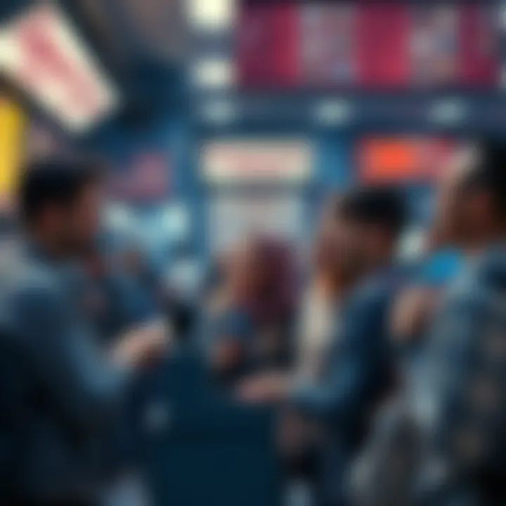 A group of people happily purchasing concert tickets at a booth, showcasing a nostalgic moment from the past.