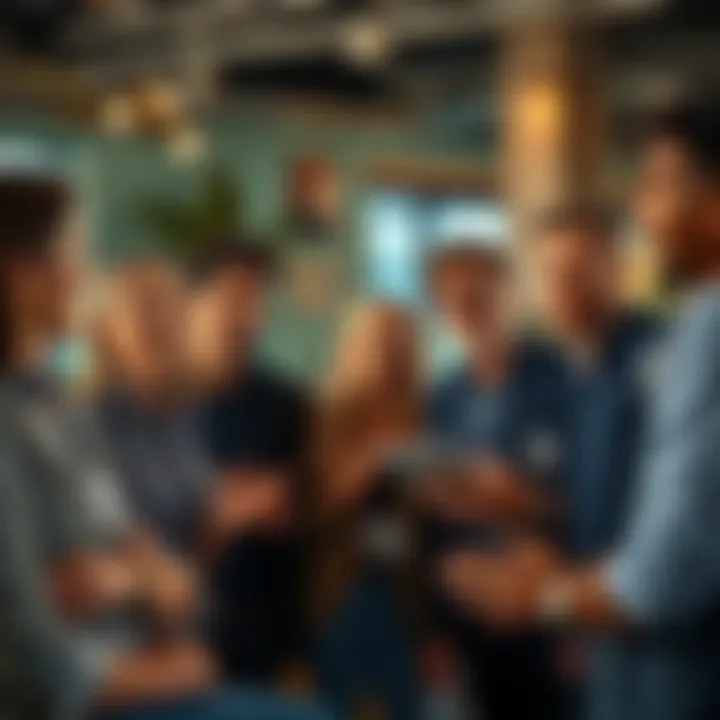 A diverse group of people engaged in a lively discussion, expressing their opinions confidently in a modern setting.