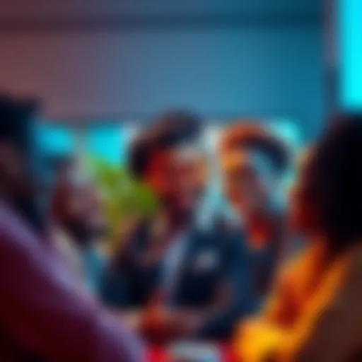 A group of diverse people chatting on a video call, representing support and community on the Vooz platform.