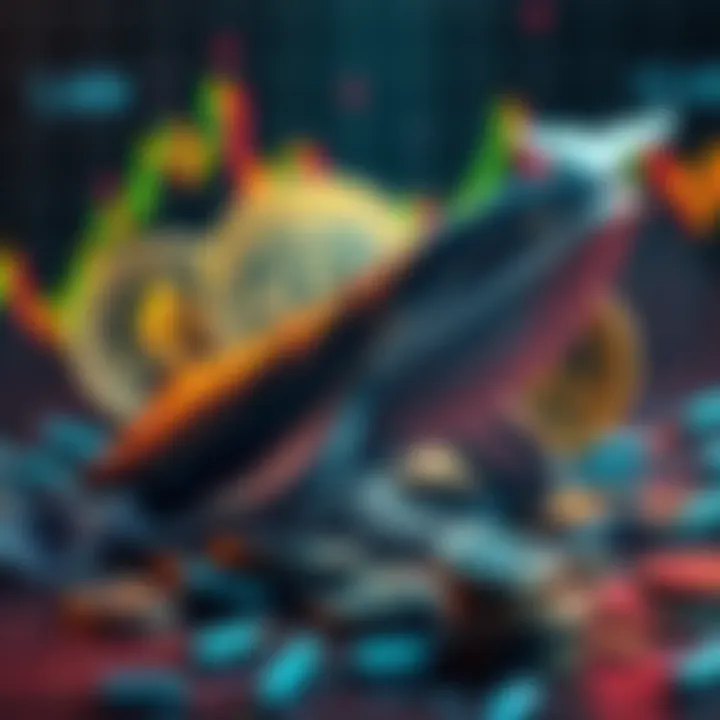 A whale symbolizing a large cryptocurrency purchase, with ETH coins in the background and a digital financial graph.
