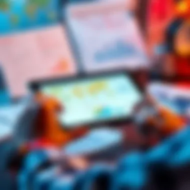 A person analyzing content ideas on a digital tablet with notes and graphs around them.