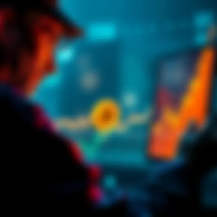 A person looking at a graph showing Bitcoin's price rise while reflecting on missed investment opportunities, with a sad expression