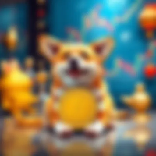 A cheerful Corgi dog sitting proudly with a gold coin featuring the DOGE logo in front of it, surrounded by crypto charts and playful decorations