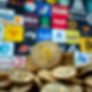 Stack of Bitcoin coins with logos of various companies in the background