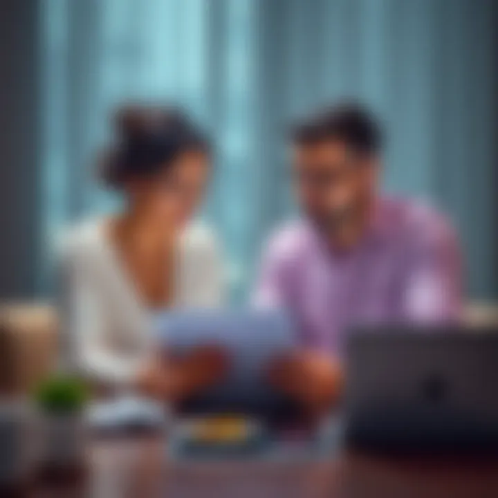 A newlywed couple sitting together at a table, looking at a laptop and talking about Bitcoin investments, with concerned looks on their faces.