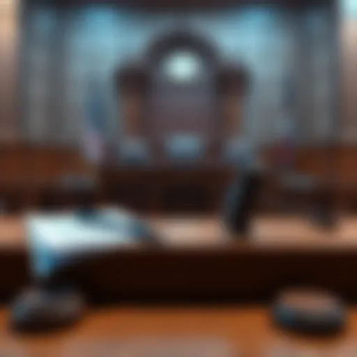 A courtroom scene showing a judge's bench with legal documents and a gavel, symbolizing the XRP case on hold due to appellate proceedings.