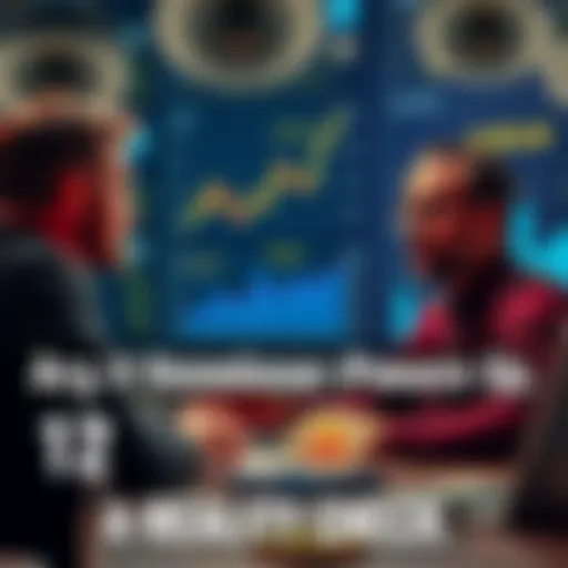 A coworker sharing insights about Bitcoin investment experiences over 12 years, with charts and graphs in the background.