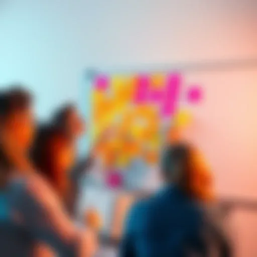 A group of people brainstorming ideas with sticky notes and a whiteboard