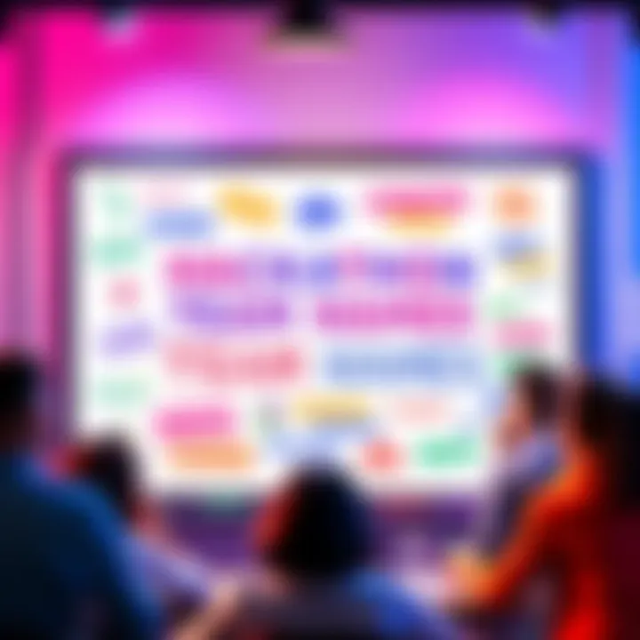 A colorful display of various quirky team names on a whiteboard, surrounded by people brainstorming ideas.