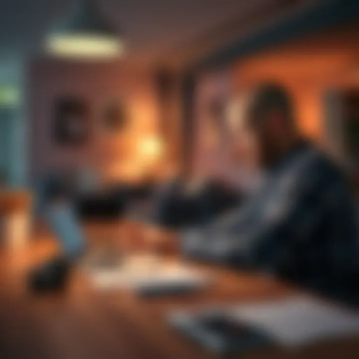 A person sitting at a table with a laptop and papers, reviewing a credit card application after closing on a house.