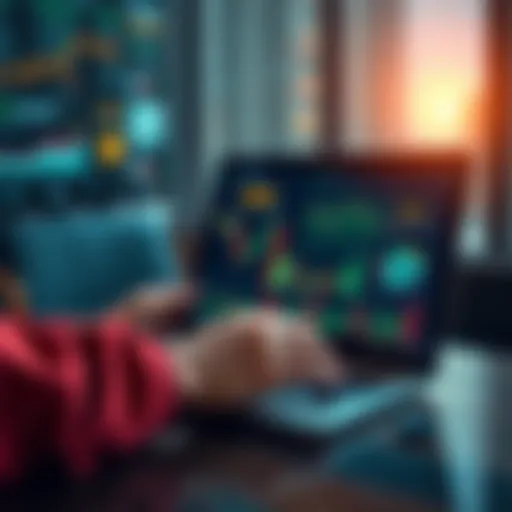 A person analyzing market trends on a laptop with financial graphs and CRO symbol displayed, symbolizing the timing of unstaking CRO.