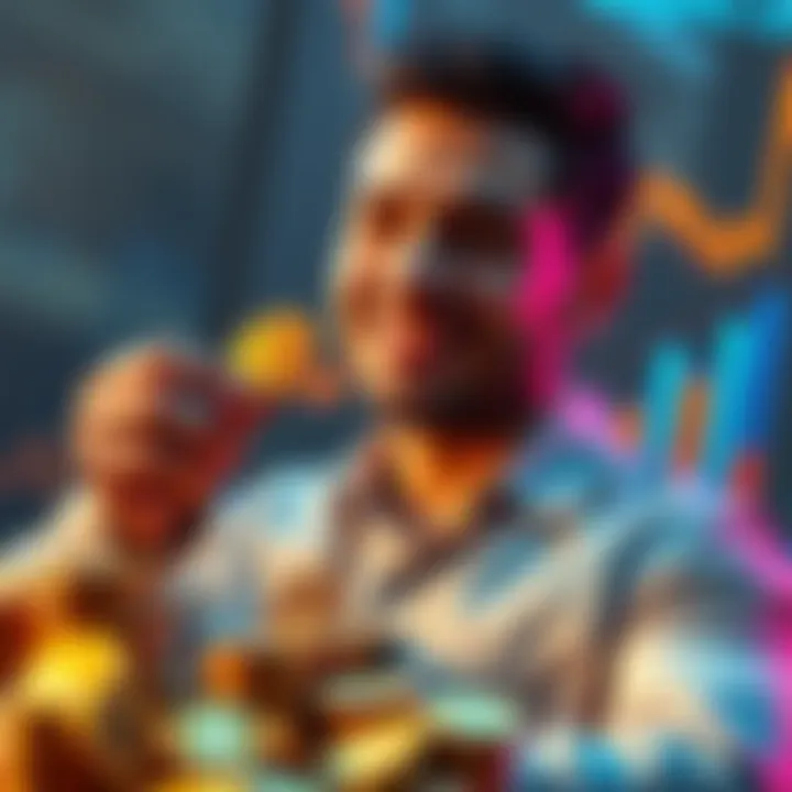 A person counting CRRO coins and looking satisfied, with charts of investment growth in the background.