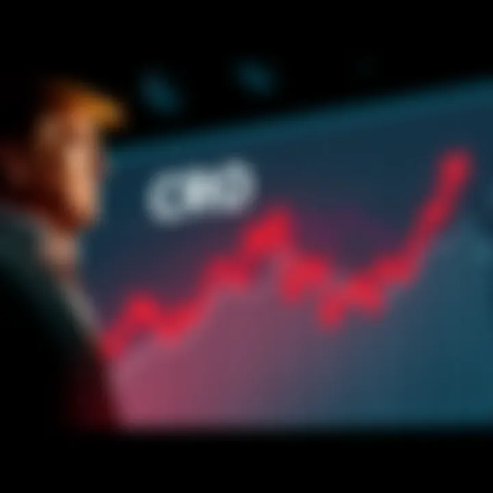 A graph showing a steep decline in CRO's value after a brief surge related to Trump, with a worried investor looking on.