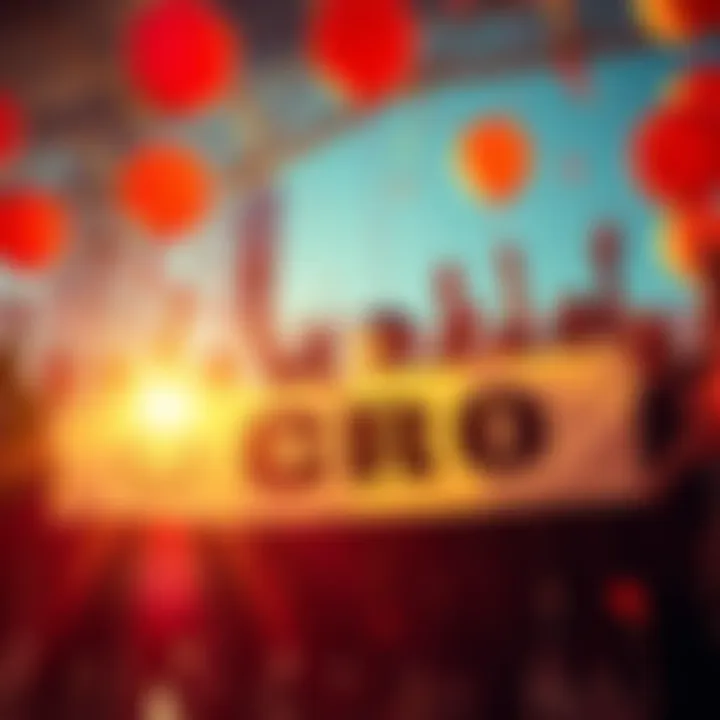 CRO Milestone Celebration A group celebrating the rise of CRO value with Czech crowns, holding banners and balloons in a festive atmosphere.