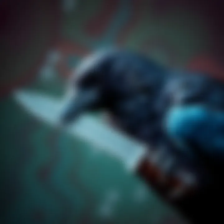 A crow grasping a knife in its beak, set against a humorous background, capturing the quirky trend.