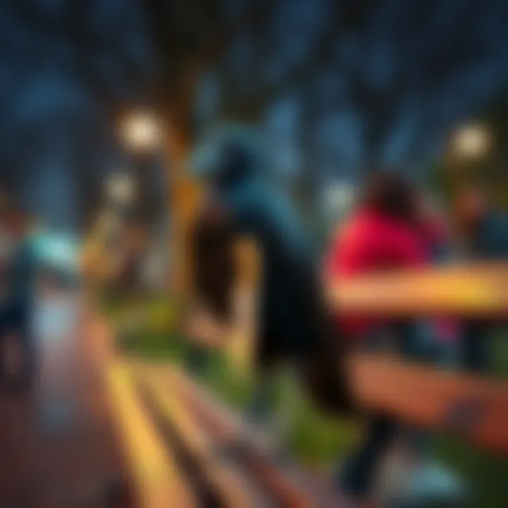 A crow standing on a park bench, gripping a shiny knife in its beak, while onlookers watch in surprise.