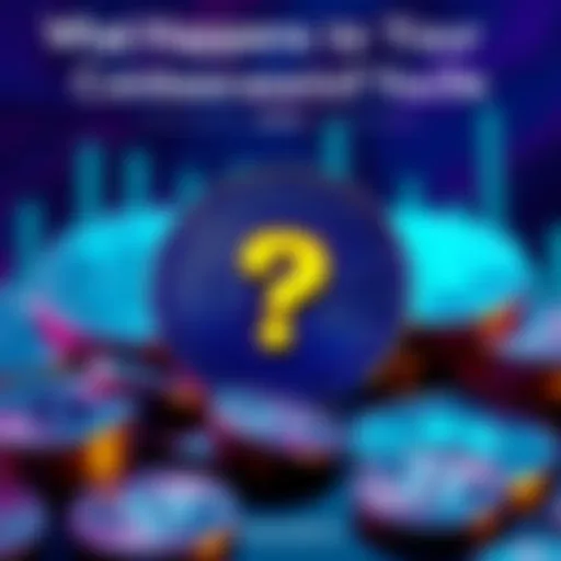 A graphic showing cryptocurrency coins with a question mark, symbolizing the uncertainty of digital inheritance on Coinbase after death.