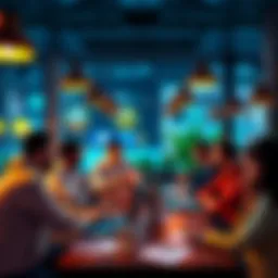 A group of people discussing cryptocurrency and Ethereum challenges at a coffee shop with laptops and notes.