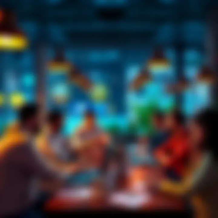 A group of people discussing cryptocurrency and Ethereum challenges at a coffee shop with laptops and notes.
