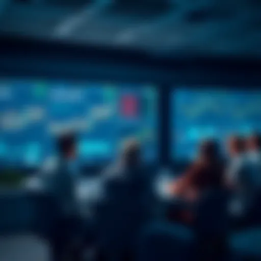A group of people engaging in a discussion about cryptocurrency, with charts and information displayed on screens in the background.
