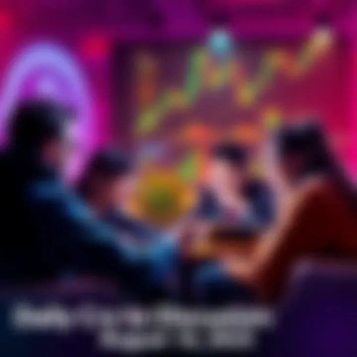 A group of people engaged in a discussion about cryptocurrency, sharing insights and tips while reviewing charts and data on laptops and tablets.