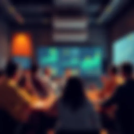 A group of people engaging in a lively discussion about cryptocurrency, with charts and graphs displayed on a screen.