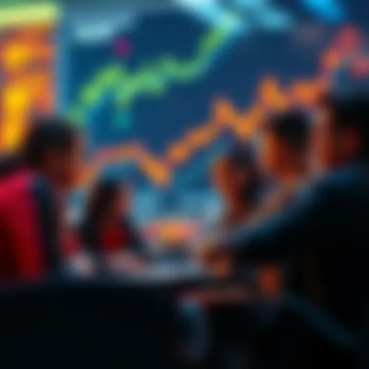 People engaging in a conversation about cryptocurrency trends and risks, with digital charts in the background.