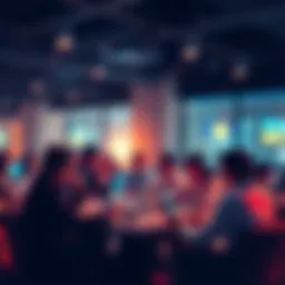 Group of people engaging in a lively discussion about cryptocurrency with laptops and phones, sharing tips and insights