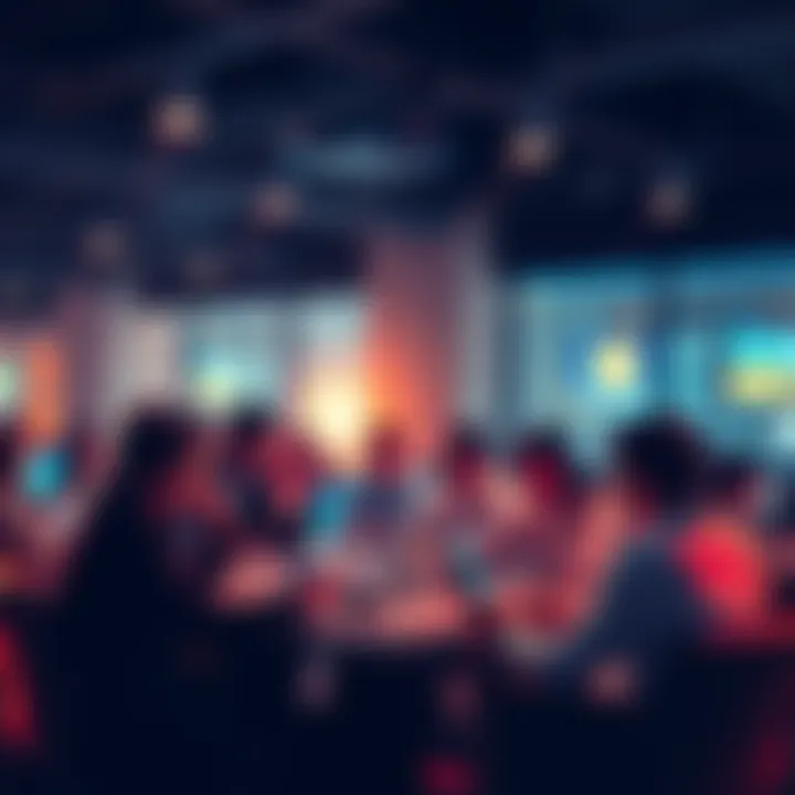 Group of people engaging in a lively discussion about cryptocurrency with laptops and phones, sharing tips and insights
