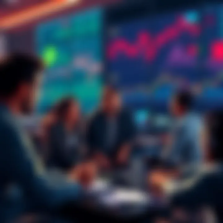 A group of people engaging in a lively discussion about cryptocurrencies, sharing insights and warnings about scams, with computers and charts visible in the background.
