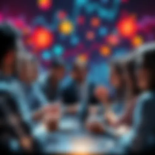 A group of people engaging in a lively discussion about cryptocurrency, focusing on Ethereum and current market challenges with a backdrop of digital currency graphics.
