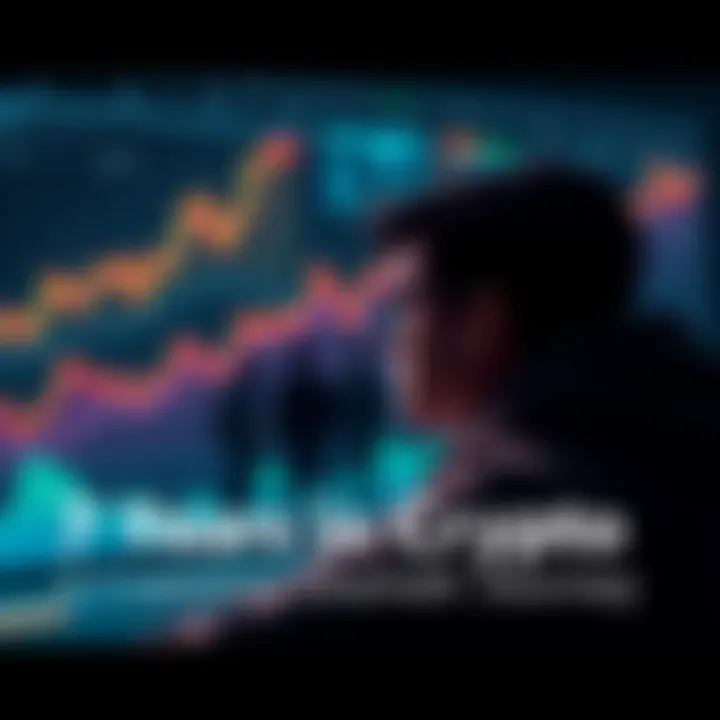 A person reflecting on their journey in cryptocurrency with charts and community members in the background.