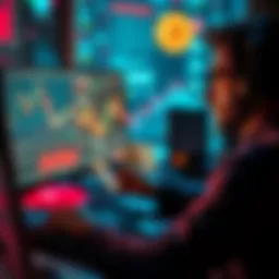 A person analyzing charts and data on a computer while looking at cryptocurrency prices and bank policies, representing the process of safely transferring large sums of crypto.