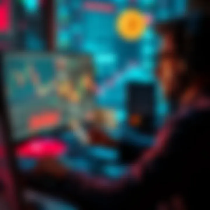 A person analyzing charts and data on a computer while looking at cryptocurrency prices and bank policies, representing the process of safely transferring large sums of crypto.