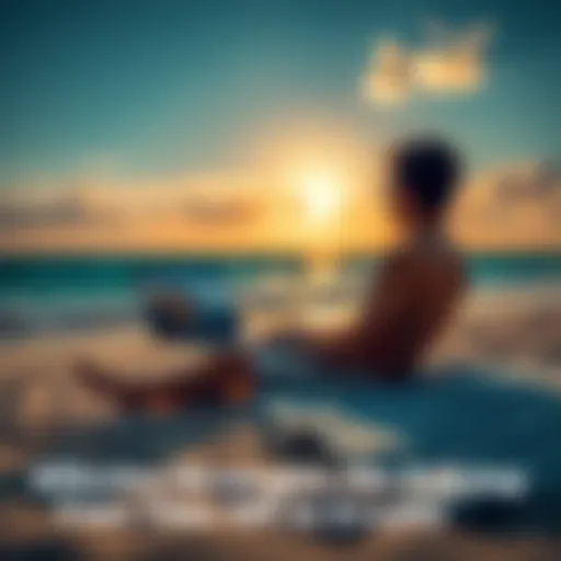 A person sitting on a beach with a laptop, reviewing cryptocurrency assets while enjoying the sun.