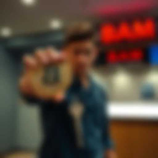 A person holding a large Bitcoin in one hand and a set of house keys in the other, looking puzzled in front of a bank counter.