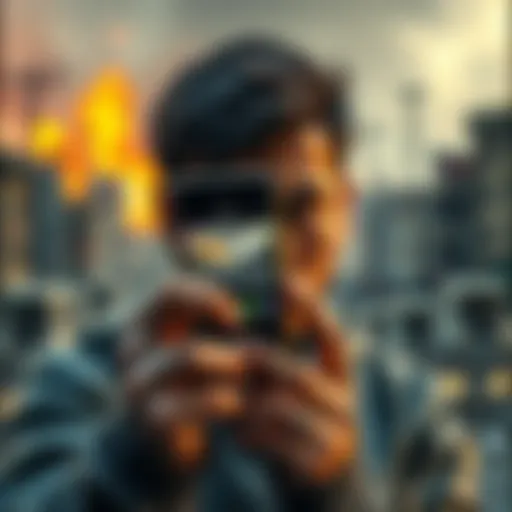 A person looks worried while holding a smartphone showing a cryptocurrency app, with a blurred background of urban destruction, symbolizing instability in Iran.
