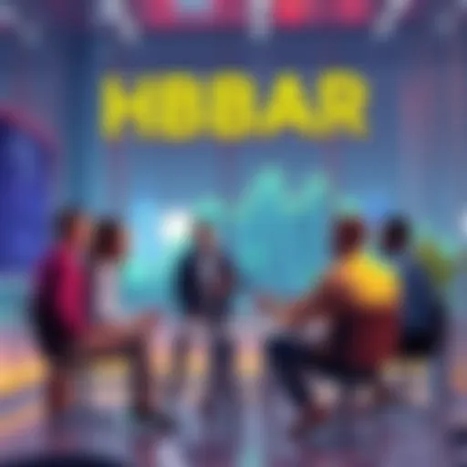 Group of people discussing HBAR cryptocurrency investment in a modern setting
