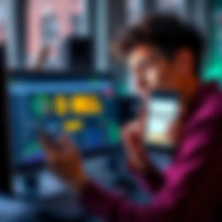 A shocked person looks at their computer screen showing a balance of over $1 million in a crypto exchange, while frowning in confusion as they hold a smartphone displaying a much lower amount.