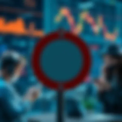 A sign indicating a cryptocurrency ban, with a background showing confused investors looking at their phones and charts