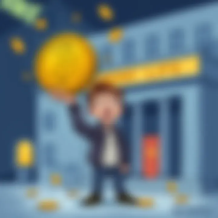 A cartoon depicting a person juggling a Bitcoin and a bank building, looking confused and amused, symbolizing the clash of crypto and traditional banking.