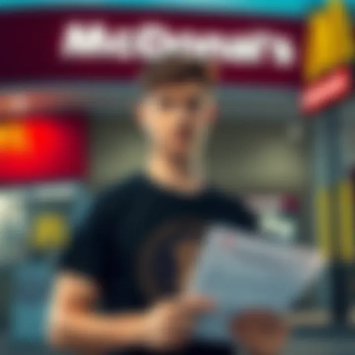 A concerned young man wearing a Crypto themed t-shirt, standing in front of a McDonald's, looking at a job application in his hand.