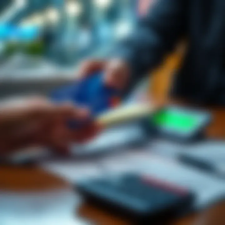 A person using a Coinbase Card to make a purchase, with a tax form and calculator on the table, representing taxable transactions.