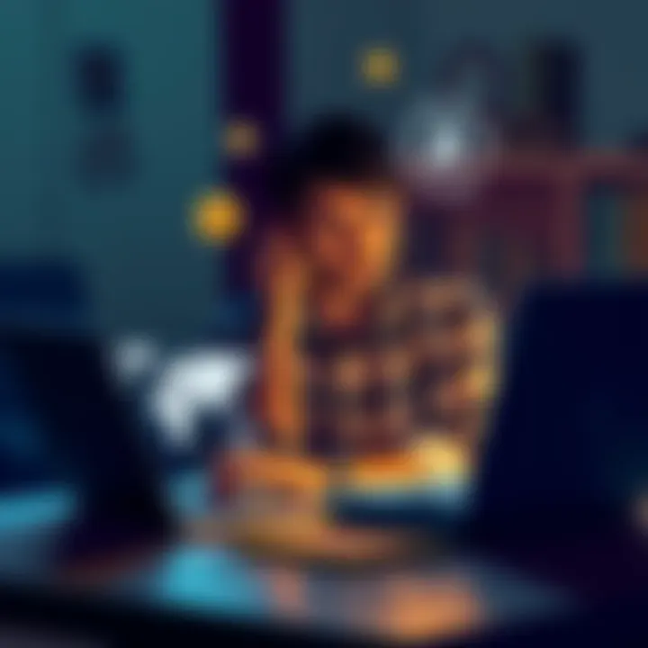 Individual sitting at a desk looking at a laptop with crypto symbols and a world map, thinking about leaving the country or using a gray market, showing concern